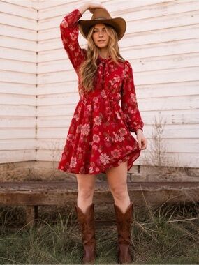 Zara Floral Tie Neck Mini Dress Medium Red Pink Boho Romantic Long Sleeve M